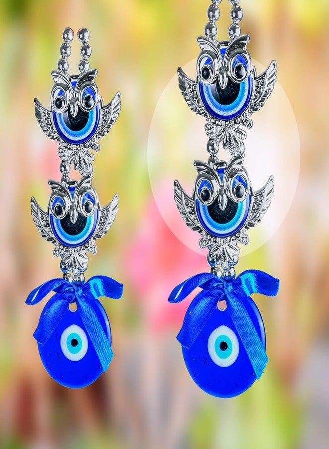 Hindcraft Hanging Decoration Items - 2 Owls Evil Eye Nazar Battu Hanging Showpiece | Protection Amulet for Home, Office & Car | Stylish Silver & Blue Good Luck Charm for Living Room Decor - Image 1